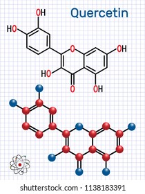 Quercetin ( flavonoid) molecule. Structural chemical formula and molecule model. Sheet of paper in a cage. Vector illustration