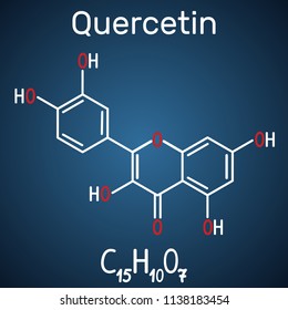 Quercetin ( flavonoid) molecule. Structural chemical formula and molecule model on the dark blue background. Vector illustration
