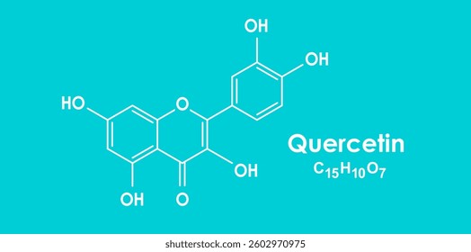 Quercetin molecule structure vector illustration, chemical formula isolated on blue background. Abstract scientific hexagon linear design.
