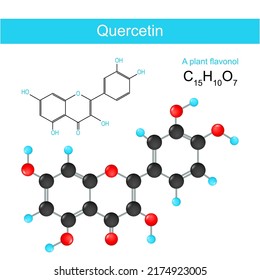 Quercetin. Structural chemical formula of A plant flavonol. Skeletal formula of a chemical substructure that stops oxidation by acting as a scavenger of free radicals. Vector illustration