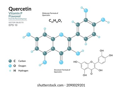 Quercetin. Vitamin P. Plant Flavonol from the Flavonoid Group of Polyphenols. Structural Chemical Formula and Molecule 3d Model. C15H10O7. Atoms with Color Coding. Vector Illustration 