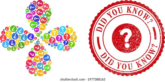 Query bright centrifugal spin, and red round DID YOU KNOW Query. rubber stamp seal. Query symbol inside round stamp seal. Object twist organized from random query items. Vector flower collage in flat