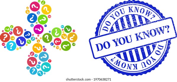 Query colorful centrifugal flower with 4 petals, and blue round DO YOU KNOW question. grunge watermark. Element flower with 4 petals created from scattered query items. Vector flower collage in flat