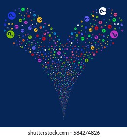 Query fireworks stream. Vector illustration style is flat bright multicolored iconic symbols on a blue background. Object double fountain organized from random pictographs.