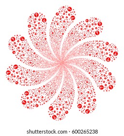 Query fireworks swirl flower with ten petals. Vector illustration style is flat red scattered symbols. Object twirl created from random pictographs.