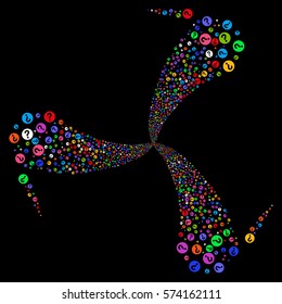 Query fireworks swirl rotation. Vector illustration style is flat bright multicolored iconic symbols on a black background. Object spiral constructed from random symbols.