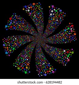Query fireworks swirl rotation. Vector illustration style is flat bright multicolored iconic symbols on a black background. Object twirl done from random pictograms.