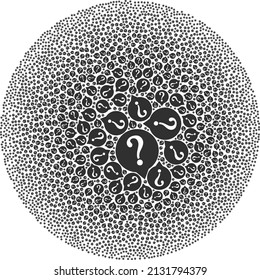 Query icons are scattered into ball group. Query icon spheric mosaic. Abstract spheric globula mosaic is done with query icons.