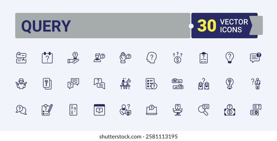 Query modern icons set. Contains related to help, answer, know, talk, hand, discussion, support and more. Simple icon designs. Solid line editable stroke. Vector line and solid icons.