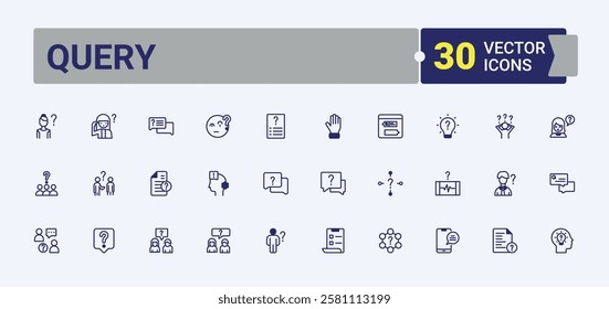 Query modern icons set. Contains related to help, answer, know, talk, hand, discussion, support and more. Simple icon designs. Solid line editable stroke. Vector line and solid icons.