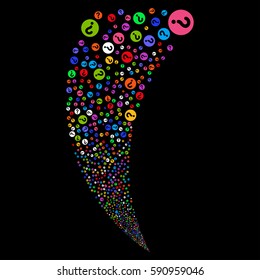 Query random fireworks stream. Vector illustration style is flat bright multicolored iconic symbols on a black background. Object fountain made from scattered pictograms.