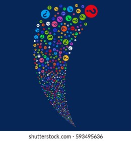Query random fireworks stream. Vector illustration style is flat bright multicolored iconic symbols on a blue background. Object fountain organized from scattered design elements.