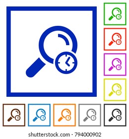 Query time flat color icons in square frames on white background
