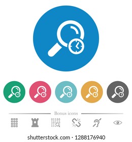 Query time flat white icons on round color backgrounds. 6 bonus icons included.