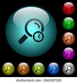 Query time icons in color illuminated spherical glass buttons on black background. Can be used to black or dark templates
