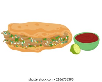 Quesabirria trendy food, meat filling on tortilla with cheese and consommé vector illustration