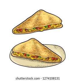 Quesadilla - mexican traditional food. Vector color vintage engraving illustration for menu, poster, web. Isolated on white background