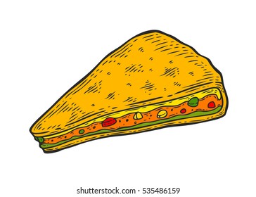 Quesadilla. Mexican traditional food vector hand drawn illustration, menu label, banner poster identity, branding. Stylish design with sketch of Mexican cuisine sketch. Quesadilla Isolated on white.
