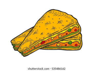Quesadilla. Mexican traditional food vector hand drawn illustration, menu label, banner poster identity, branding. Stylish design with sketch of Mexican cuisine sketch. Quesadilla Isolated on white.