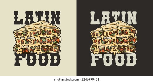 Quesadilla vector with cheese and vegetable for logo or emblem. Traditional mexican fast food. Quesadillas Mexico food with tortilla and meat for poster or print.