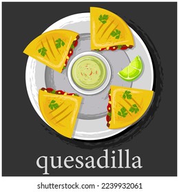 Quesadilla. Vector quesadilla icon. A dish of Mexican cuisine with the name. Use for cafe menus. Guacamole sauce and lime slices. Latin American cuisine.