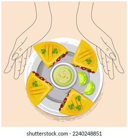 Quesadilla. Vector quesadilla icon. A dish of Mexican cuisine with the name. Use for cafe menus. Guacamole sauce and lime slices. Latin American cuisine.