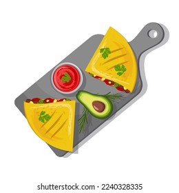 Quesadilla. Vector quesadilla icon. A dish of Mexican cuisine with the name. Use for cafe menus. Guacamole sauce and lime slices. Latin American cuisine.