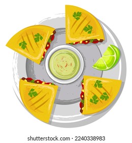 Quesadilla. Vector quesadilla icon. A dish of Mexican cuisine with the name. Use for cafe menus. Guacamole sauce and lime slices. Latin American cuisine.