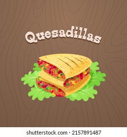 Quesadillas icon. Illustration of traditional Mexican food on a dark wood background. Tortilla with ground meet and vegetables. Vector 10 EPS.