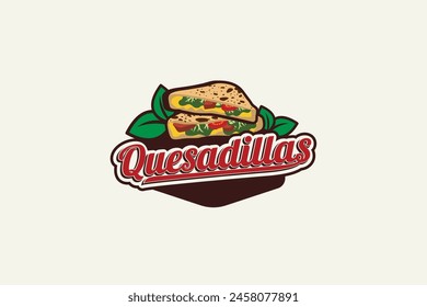 Quesadillas logo with a combination of two pieces of quesadillas, leaves, and beautiful lettering, suitable for food trucks, restaurants, cafes, etc.