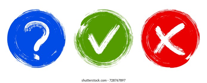 Quesion, cross and tick check marks, approval signs design. X and OK symbol icons, question label in round check boxes. Check list marks, choice options, test, quiz or survey signs, checkmarks.