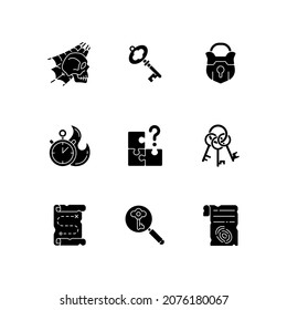 Quest black glyph icons set on white space. Search for missing piece. Keys for unlocking door to escape room. Map for treasure. Part of quest. Silhouette symbols. Vector isolated illustration