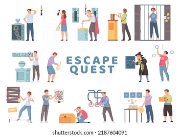 Quest escape game flat icon set visitors of the quest try to pass it and study the riddles vector illustration