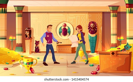 Quest escape room, Egypt pharaoh tomb with people. Man with key and woman with map searching exit from treasury with sarcophagus, gold coins, gems and ancient artifacts. Cartoon vector illustration