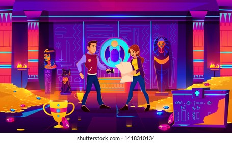 Quest escape room, Egypt pharaoh tomb with people. Man with flashlight and woman with map searching exit from dark treasury with sarcophagus, gold coins, gems and artifacts Cartoon vector illustration