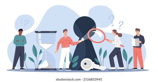 Quest game concept. Men and girls try to solve puzzle together. Modern entertainment for friends, active lifestyle. Creative personalities and brainstorming. Cartoon flat vector illustration