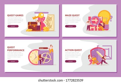 Quest game flat 4x1 set of horizontal banners with editable text connect buttons and doodle images vector illustration