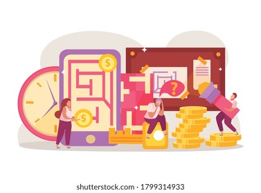 Quest game flat composition with stacks of coins and labirynth map on smartphone screens with people vector illustration