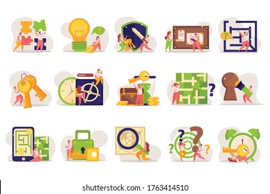 Quest game flat recolor compositions set with doodle human characters and conceptual puzzle gaming pictogram icons vector illustration
