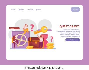Quest game flat website design landing page with composition of doodle images clickable links and text vector illustration