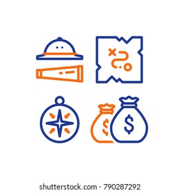Quest game items, adventure journey, treasure map, compass and money bags, hat and spyglass, vector line icon