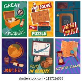 Quest game reality cards set, solving puzzle, find way out, journey, great seafarers isolated vector illustration