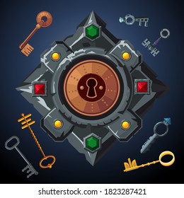 Quest game vector object. Escape room background. Lockhole with vintage keys. Door emblem. Cartoon art concept.