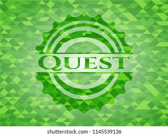Quest green emblem. Mosaic background