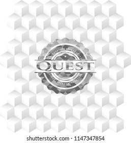 Quest grey emblem. Retro with geometric cube white background