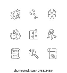 Buscar conjunto de iconos lineales. Buscar pieza faltante. Teclas para desbloquear. Mapa del tesoro. Parte de la búsqueda. Símbolos de contorno de línea delgada personalizables. Ilustraciones aisladas del contorno vectorial. Trazo editable