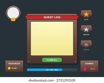 O registro de missões mostra o status do jogador em um jogo móvel. Os recursos incluem moedas e resistência. Os níveis de conquista são exibidos como elite, mestre e iniciante. O jogador tem um valor de experiência específico.