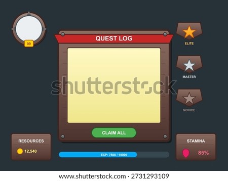 The quest log shows player status in a mobile game. Resources include coins and stamina. Achievement levels are displayed as elite, master, and novice. The player has a specific experience value.