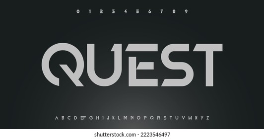 QUEST Modern abstract digital alphabet font. Logo creative font, type, technology, movie, digital, music, movie. Font and illustration in vector format.