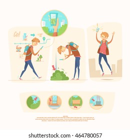 Quest in real time. Vector of a cartoon man in various poses